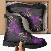 Purple Roses Floral Black Lace Up Combat Boots - Gothic Floral Boots (JPREGPR1)